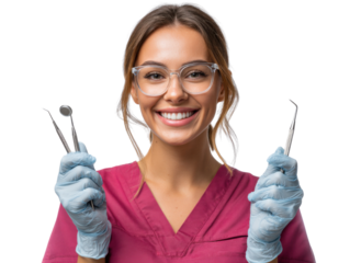 Dental Professional's Expertise: A confident dental hygienist with glasses, equipped with professional tools, radiates expertise, poised and ready to provide top-notch care.