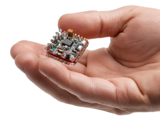 Tiny Tech: A microchip nestles comfortably in the hand, symbolizing innovation, a digital revolution in the palm of your hand.