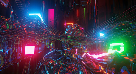 Cyberpunk neon lights with complex wire system and futuristic technology backdrop.