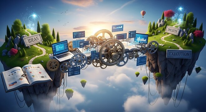 Surreal Gears of Innovation: Ideas to Execution, a Whimsical Digital Landscape