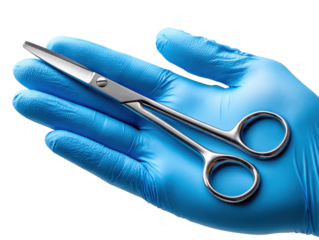 Surgical Scissors in Safe Hands: A close-up image showcases a pristine surgical scissor delicately held within the gloved hand, symbolizing safety, precision, and medical professionalism.