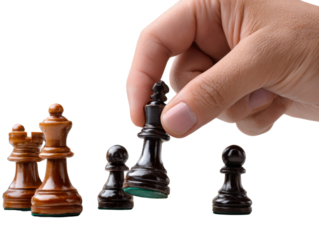 Strategic Move: A focused individual's hand delicately maneuvers a black king chess piece amidst a strategic array, showcasing intellect and strategic planning