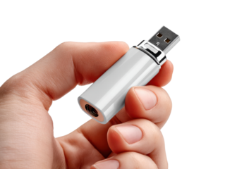 Flash Drive in Hand: A close-up of a hand delicately holding a sleek, white flash drive, suggesting data storage and digital connectivity.