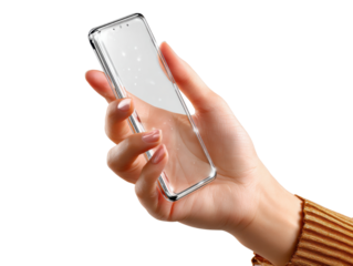 Hand holding a transparent mobile phone: A close-up view of a hand delicately holding a sleek, transparent mobile phone. This image combines the themes of technology and human touch.