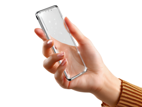 Hand holding a transparent mobile phone: A close-up view of a hand delicately holding a sleek, transparent mobile phone. This image combines the themes of technology and human touch.