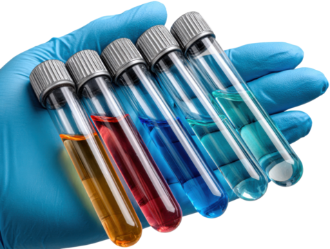 Laboratory marvel: A gloved hand holds several scientific test tubes filled with colorful liquids, symbolizing scientific discovery, research, and the exploration of knowledge in a laboratory setting.