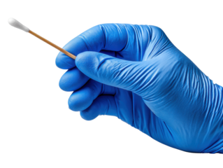 Healthcare Examination: A hand, encased in a sterile blue glove, delicately holds a cotton swab, poised for a medical examination, symbolizing hygiene and sanitation in the healthcare field.