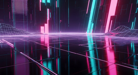 Abstract neon grid landscape with glowing lines and geometric shapes.