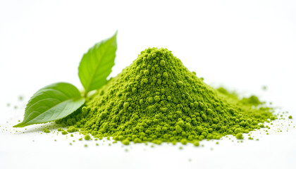 Mound of Green Matcha Powder with Fresh Tea Leaves &ndash; Isolated on White Background