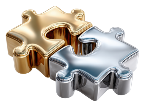 Interlocking Pieces: Metallic puzzle pieces symbolizing teamwork, collaboration, and integration. Representing interconnectedness, synergy, and problem-solving. 