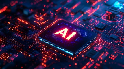 Illuminated ai chip on a circuit board with glowing red connections and blue undertones showing
