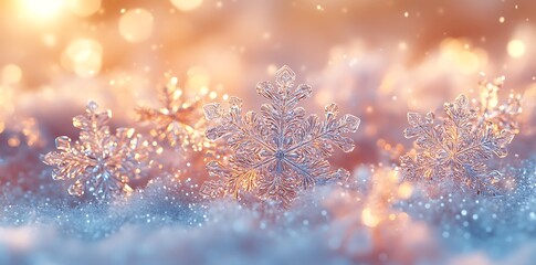 Close up of clear ice snowflakes on soft blue snow with warm bokeh lights crystal winter