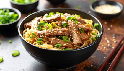 Delicious Asian Noodles with Beef with Scallions  Sesame Seeds in a Bowl, and Closeup.