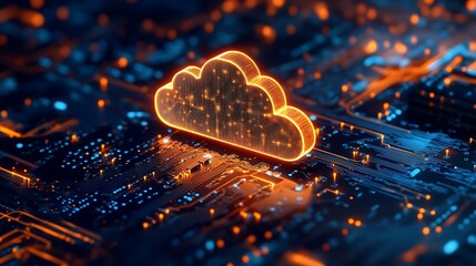 Glowing cloud symbol resting on a detailed circuit board with orange and blue light effects around it