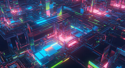 Cyberpunk city with neon lights and futuristic architecture, digital rendering.