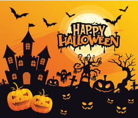 Happy Halloween. Halloween background with spooky castle, pumpkins and tombstones, cemetery and bats. Vector illustration.