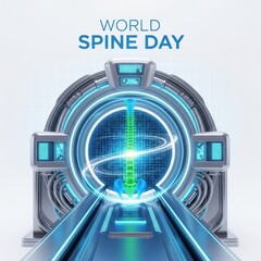 Obraz premium Futuristic medical scanner displaying a glowing human spine for World Spine Day healthcare