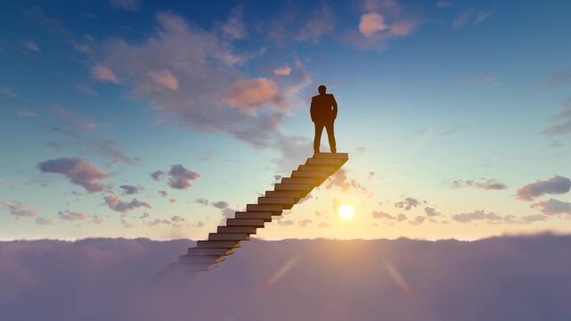 Businessman standing on books and thinking about life