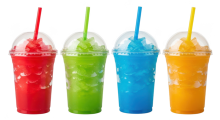 Four colorful slushy drinks in red, green, blue, and orange with straws isolated on transparent background