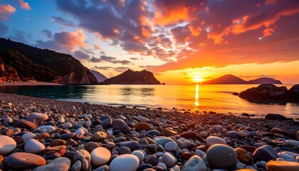 Dramatic Sunset Over Pebble Beach and Turquoise Sea in Greece Scenic View.