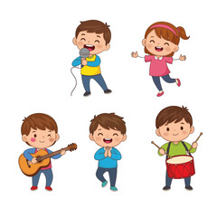 Cheerful Kids Playing Musical Instruments Singing, Dancing, Guitar, Drums, and Joyful Moments