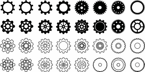 Collection of diverse gear and cogwheel icons in black and white representing mechanical components and engineering