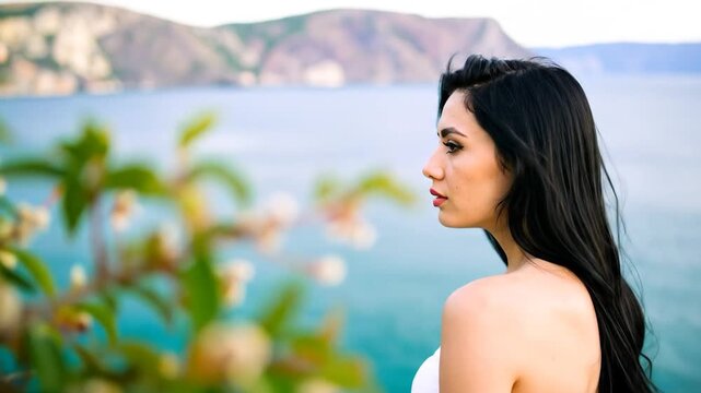 Brunette gazes at ocean from cliffside