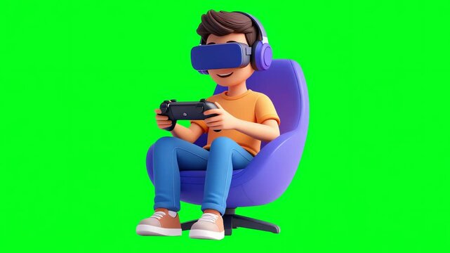 3D Animated Boy in VR Headset Gaming on Green Screen Background
