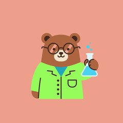 A cartoon bear in a lab coat holding a flask filled with blue liquid.