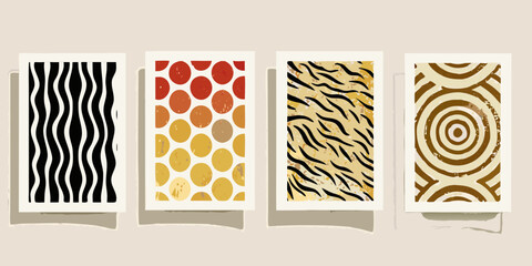 Set of four abstract modern art prints featuring geometric patterns and animal prints in warm tones