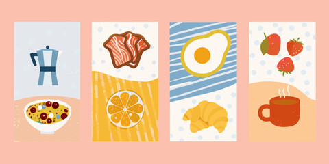 Four panels illustrating a delicious breakfast with coffee cereal bacon egg and fruit