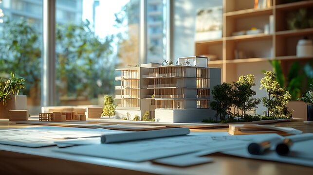Architectural model of a building with trees and blueprints on a desk in a bright sunny room