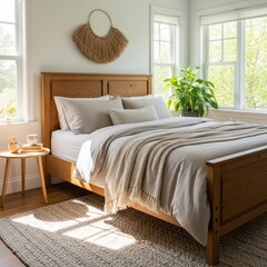 Serene and Bright Bedroom Interior with Wooden Bed, Natural Light, Potted Plant, and Textured Decor.