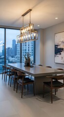 Modern and Elegant Dining Room with Industrial Chandelier, Large Window Offering City Skyline Views, and Contemporary Interior Design