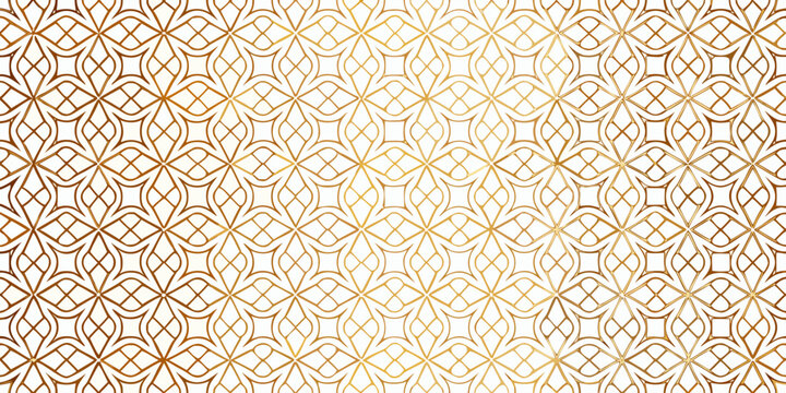 Elegant golden geometric pattern with repeating lattice overlay on white background
