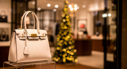 White Handbag in Fashion Store with Christmas Tree