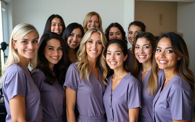 Group of beauticians smiling, team photo in a salon, wearing uniforms, showcasing teamwork and dedication on Beautician's Day. High quality