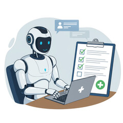 Advanced robot doctor efficiently managing patient records and medical data on a laptop isolated on transparent background