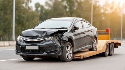 Damaged black sedan with severe front-end impact on flatbed trailer during roadside recovery operation in natural sunlight environment