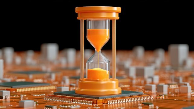 Orange Hourglass on a Circuit Board Background Representing Time Management and Technology Fusion in a Digital Age