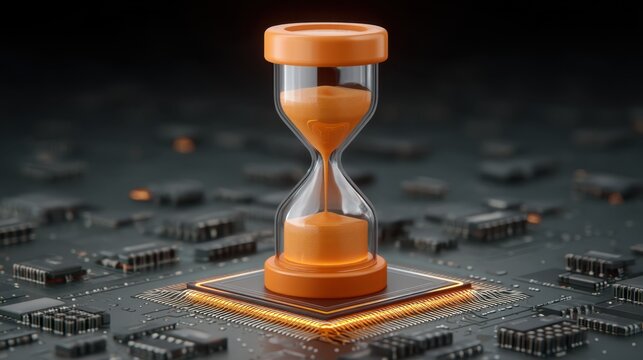 Creative Concept of an Hourglass on a Computer Chip Representing the Passage of Time in Technology and Digital Transformation