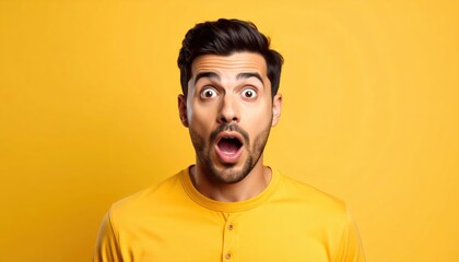 Surprised man expressing shock against a vibrant yellow background