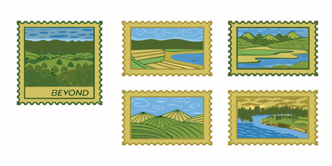 Obraz premium Collection of five stylized postage stamps featuring diverse natural landscapes and agricultural fields