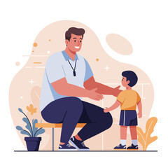 A coach interacts with a young boy, fostering a supportive environment.