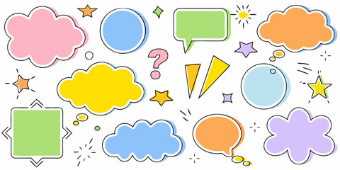 Collection of colorful cartoon speech bubbles and thought bubbles with stars and geometric shapes