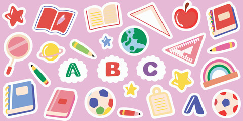Collection of colorful cartoon school supplies and educational icons on a light pink background