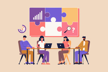 Diverse team collaborating on a business strategy puzzle with data analytics and research elements