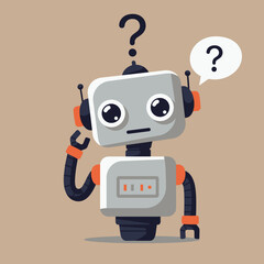 A cartoon robot with a questioning expression and a speech bubble.