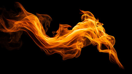 Fototapeta premium Bright orange flames swirl and dance against a black background, creating dynamic shapes and intense heat with vivid, flowing fire patterns