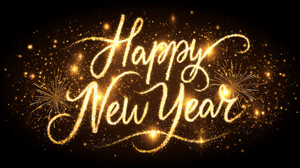 Golden glittering "Happy New Year" text with sparkling fireworks and bright bokeh lights on a dark background, creating a festive and celebratory atmosphere